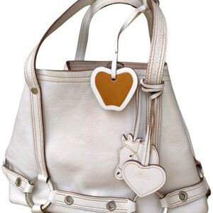 Large white Luella leather tote bag w horse apple heart bag charms circa 2000's